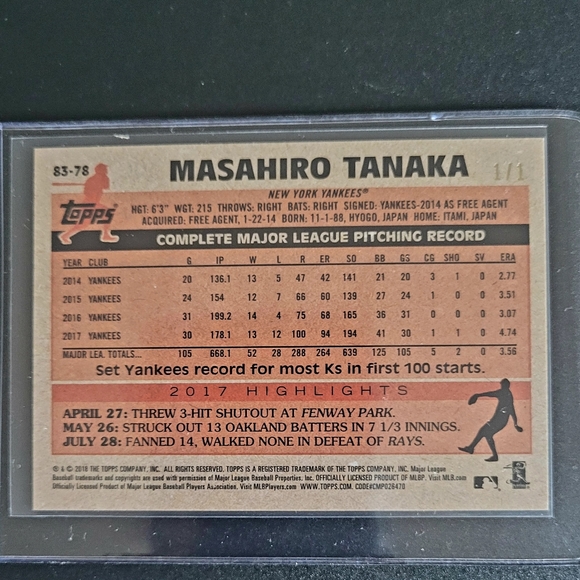 2018 Masahiro Tanaka 1/1  1983 card #83-78 - Picture 2 of 8